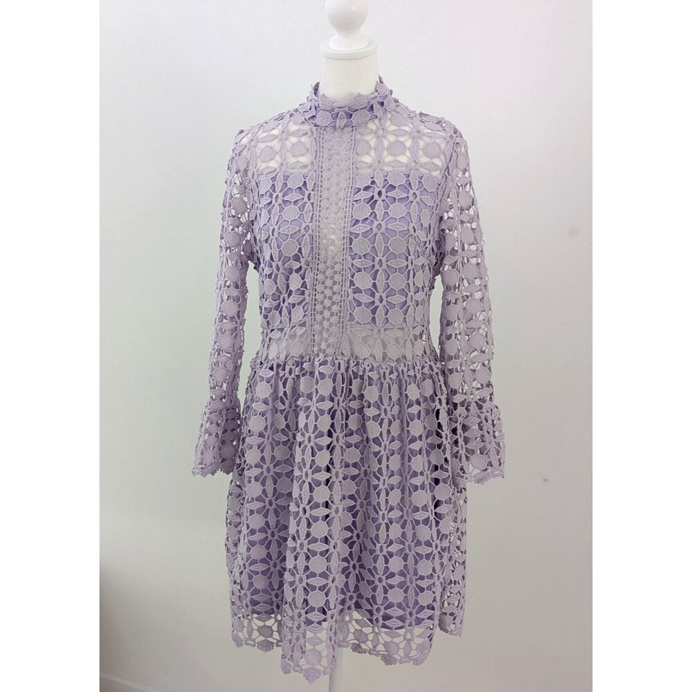 Eilly Bazar Dress Women L Lilac Lace Floral Mock Neck Long Sleeves Mini Casual